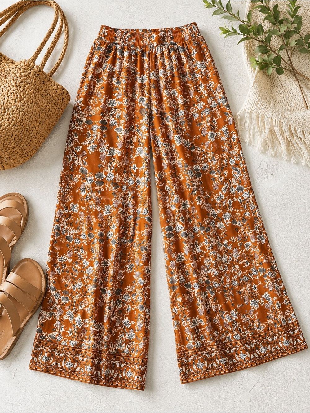 Max Studio Floral Wide Leg Palazzo Pull-On Elastic Waist Pants size large